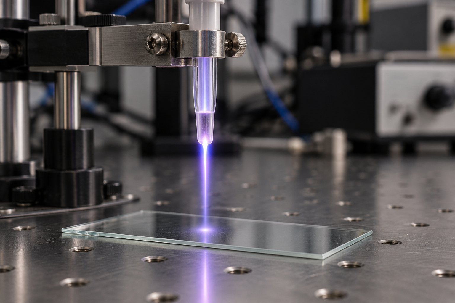 AI-generated editorial illustration of a small laboratory plasma jet above a glass slide; not a photograph of an actual experiment.