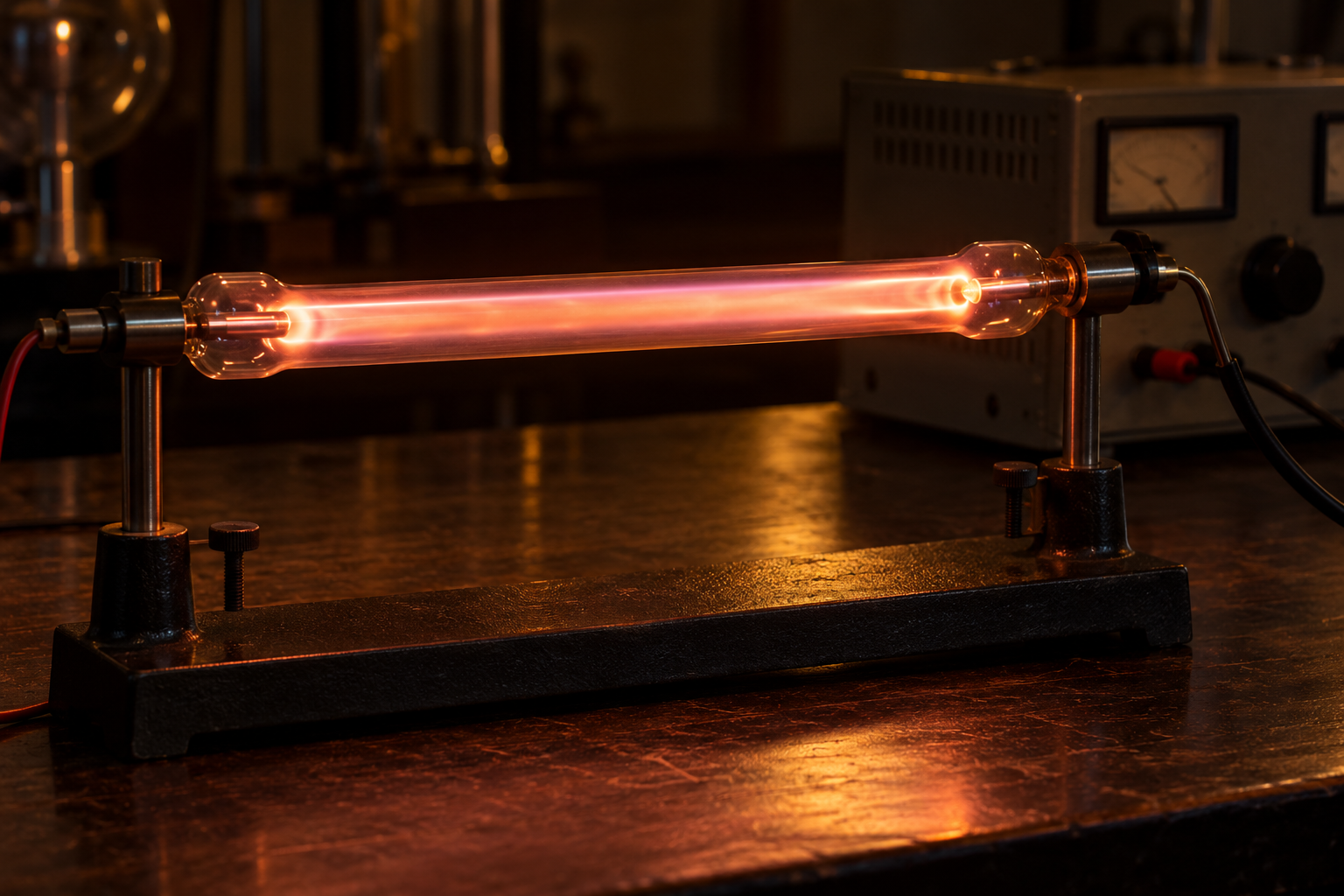 AI-generated editorial illustration of an electrically excited gas-discharge tube.
