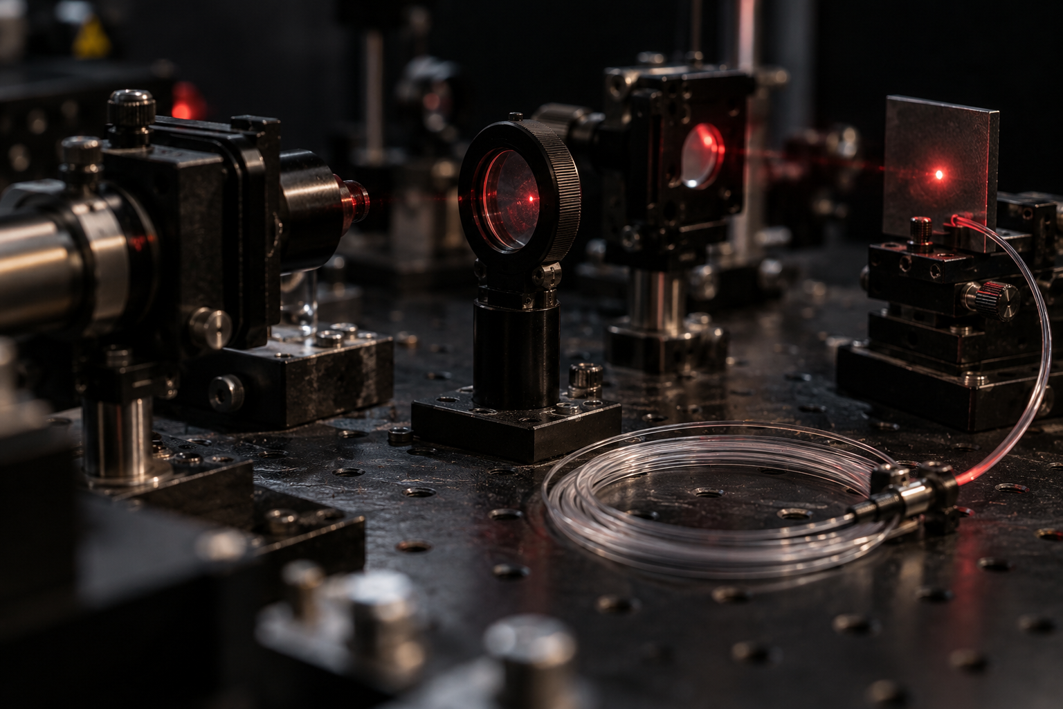 AI-generated editorial illustration of an optical bench with fiber and laser alignment components.