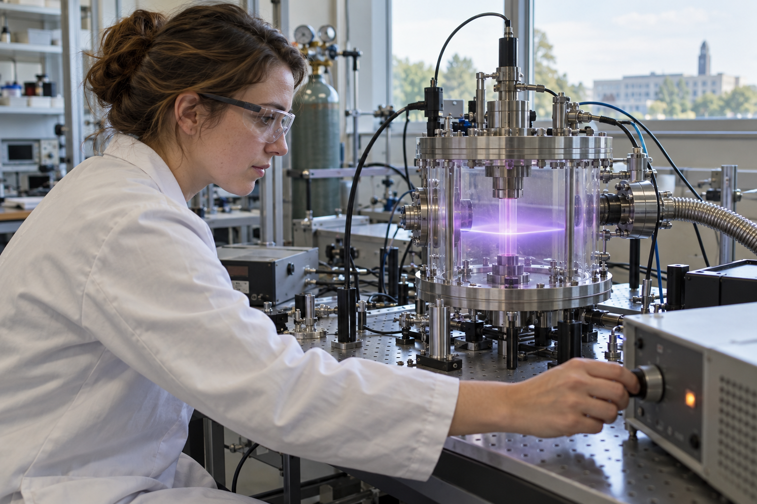AI-generated editorial illustration of laboratory plasma research. The person, equipment, and setting are fictional.