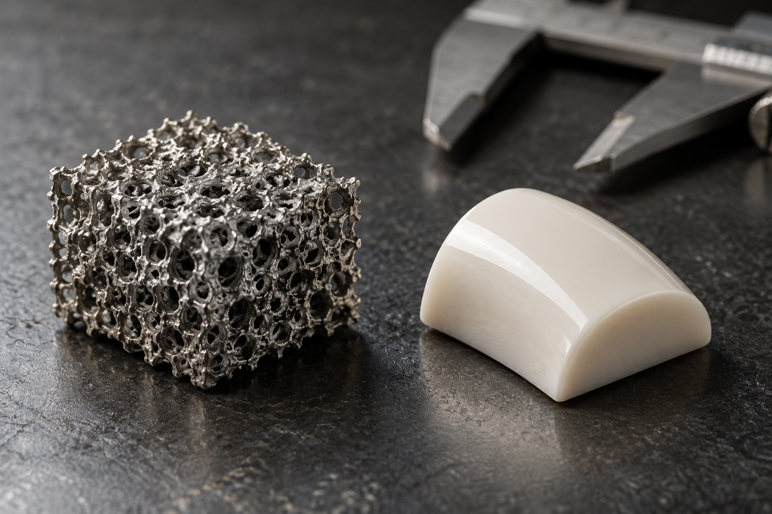 AI-generated editorial illustration of porous metal and ceramic biomaterial specimens, not a particular approved implant.