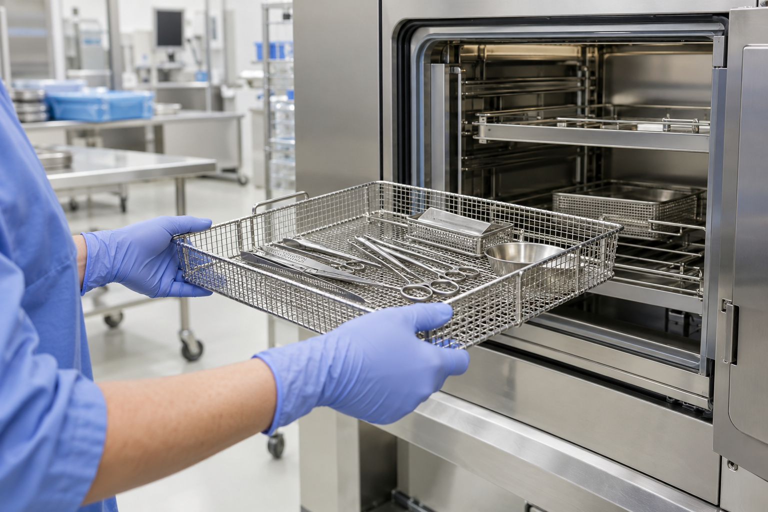 AI-generated editorial illustration of instrument processing beside a sterilization cabinet; not a photograph of a particular hospital or device.