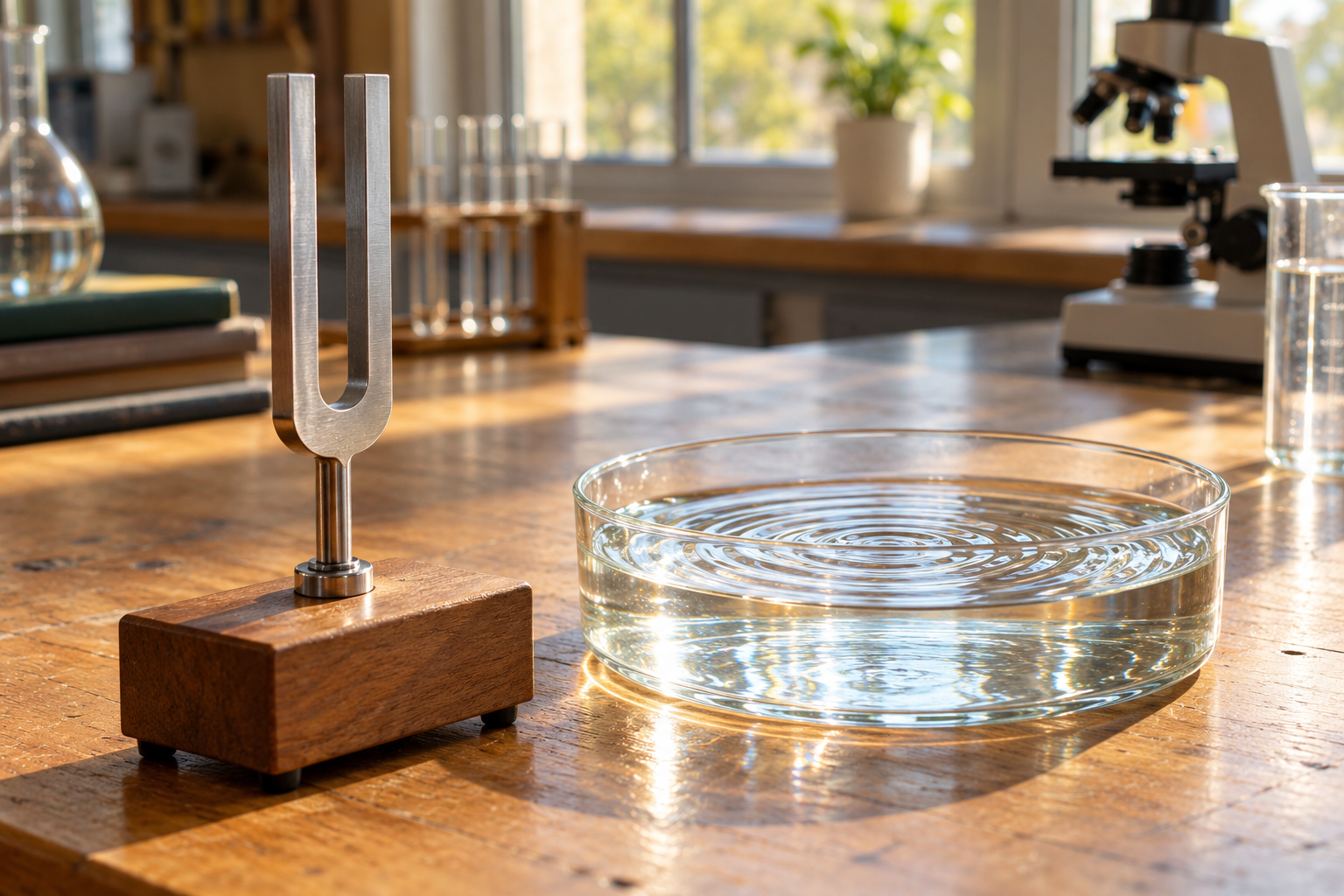AI-generated editorial illustration of a tuning fork and water-wave demonstration; no actual experiment or measurement is documented.