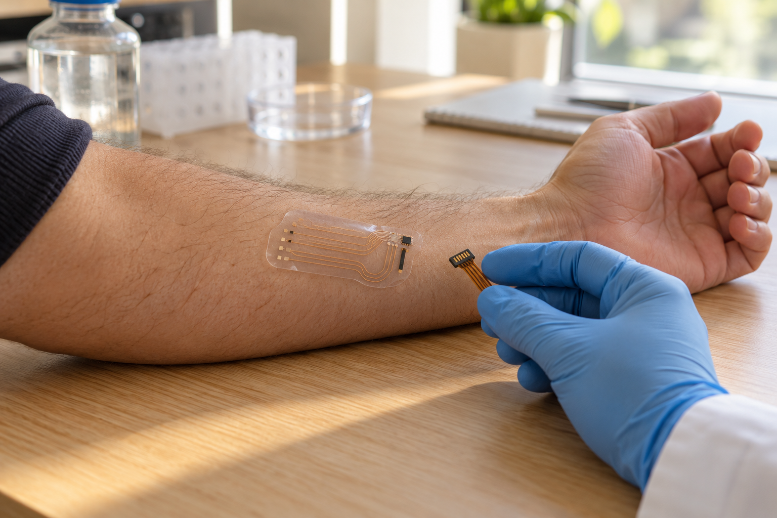 AI-generated editorial illustration of a flexible sensing patch on a forearm; not an image of an actual clinical device or patient.