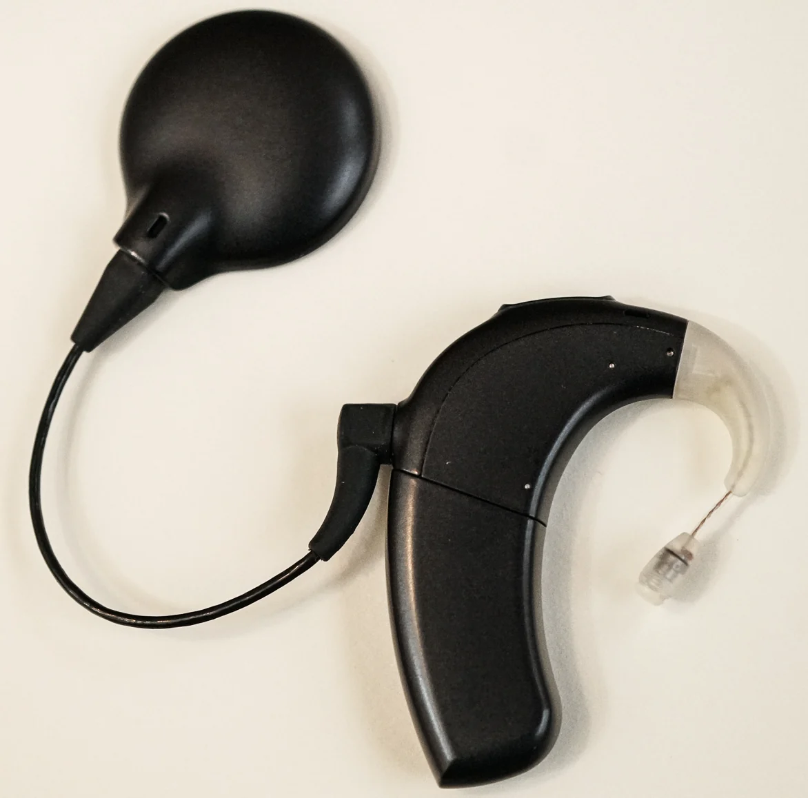 An external behind-the-ear cochlear implant sound processor.