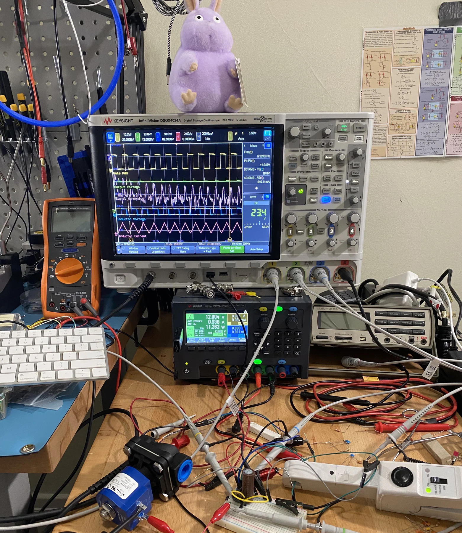 A digital oscilloscope displays repeated signals on a busy electronics workbench.