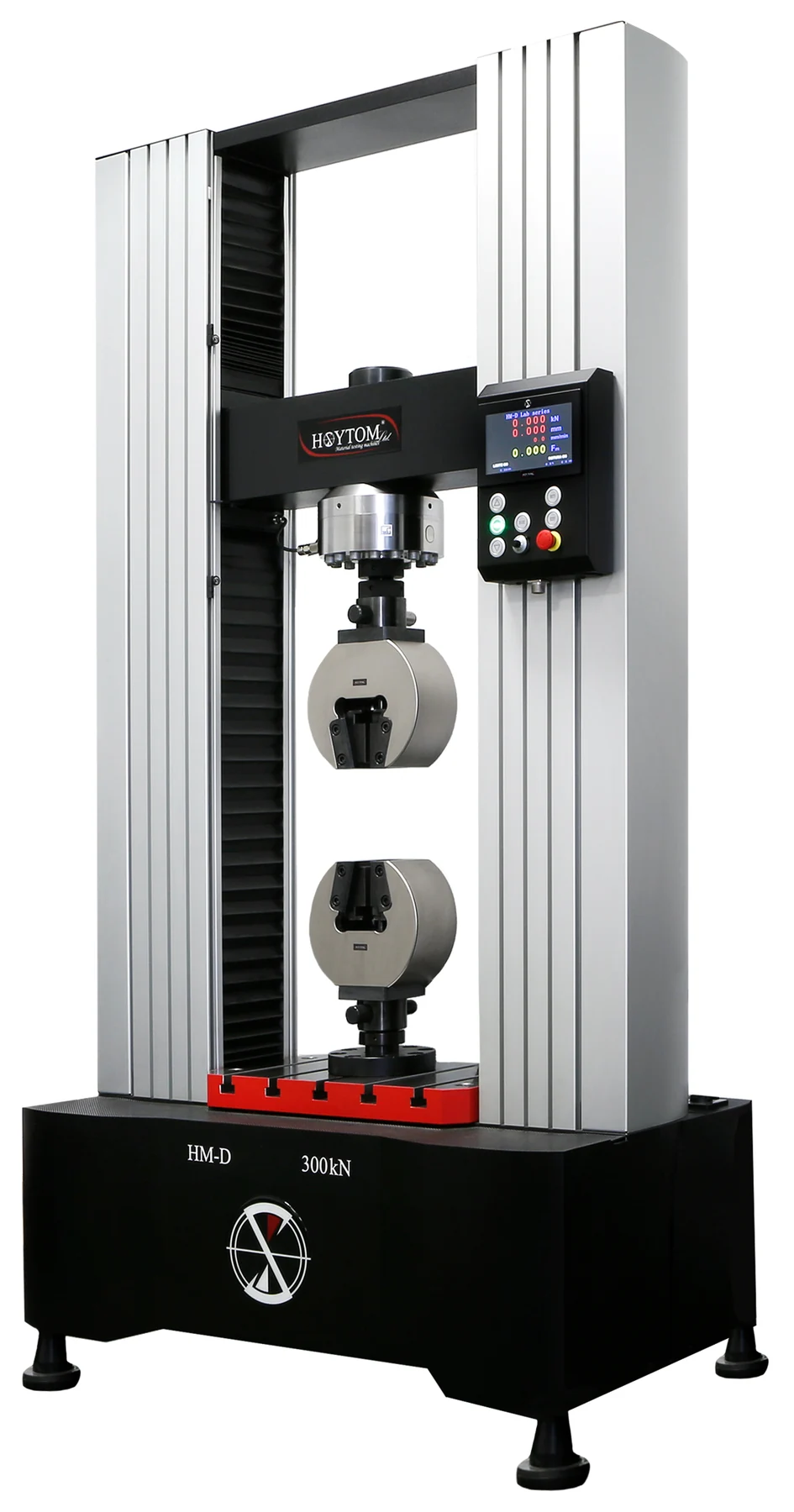 A tall universal testing machine holds grips between two vertical columns.